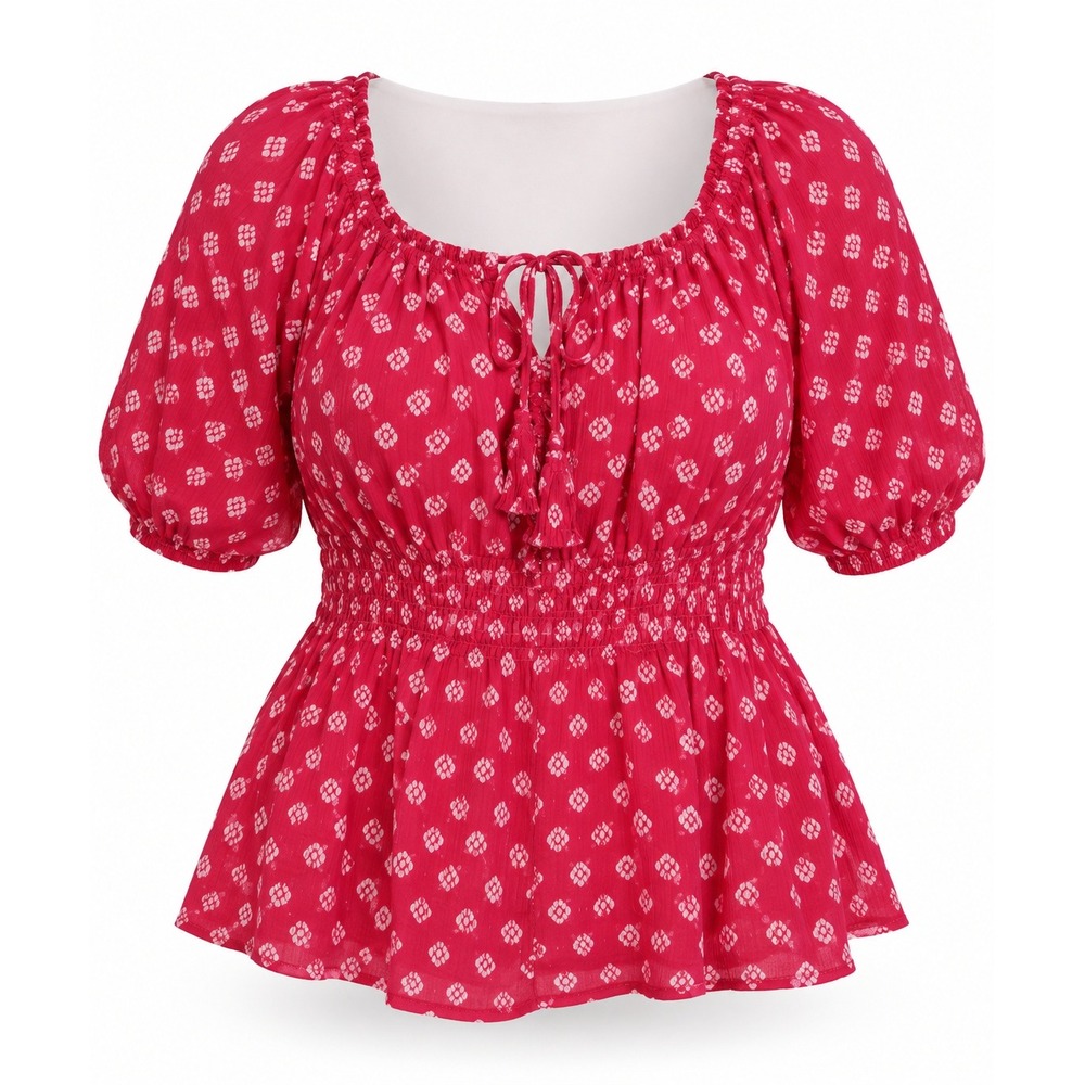 Time and Tru XXL 20 Pink Cotton Puff Sleeve Smocked Peplum Blouse NWT Raspberry